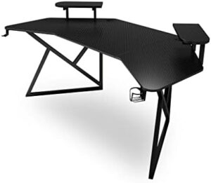 Large gaming desk with carbon fiber table, cup holder & headphone hook. Water-resistant design perfect for gamers and office use, durable construction, 160cm x 60cm x 80cm. Perfect gift!