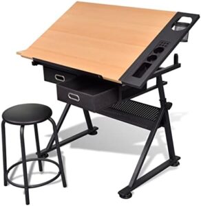 Get creative with the vidaXL adjustable drawing table! Adjustable top, two drawers, and side tray storage. Perfect for crafting, drafting, and more.