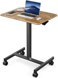 Here is the generated meta description:

"Compact and portable desk with adjustable height and rolling wheels. Perfect for small spaces and home offices. Dimensions: 19in, brown."