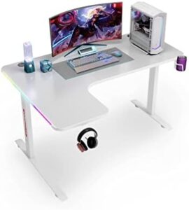 Elevate your gaming experience with the MIUZ RGB LED Gaming Desk featuring a carbon fiber design, cup holder, and headphone hook. Perfect for home office or writing space, 140cm long. Save big on this premium desk today!