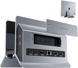Elevate your workspace with PULWTOP's vertical MacBook docking station, featuring 4 USB ports and a sturdy design for organized productivity.