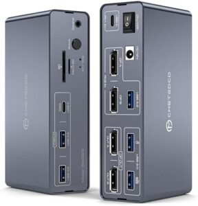 Unlock dual monitor productivity with the DGYBDFC USB C & DisplayPort docking station, supporting 2 x 4K120Hz displays and featuring multiple ports for seamless connectivity: USB-C, USB-A 3.2, USB-A 3.0, SD/microSD card slots.