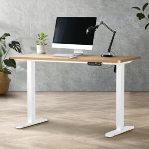 Elevate your work routine with the Oikiture Electric Standing Desk, featuring a control panel for effortless height adjustment. Perfect for office or study use, it measures 120 x 60cm and comes in white and oak finishes.