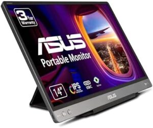 "Boost productivity with the ASUS ZenScreen MB14AC portable monitor. Enjoy 1080P Full HD and IPS technology for crystal-clear visuals. Perfect for laptop users, this external screen features USB Type-C connectivity, eye care design, and anti-glare surface."