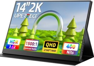Discover the UPERFECT 2K Portable Monitor, a slim 14" QHD display with dual speakers, perfect for laptops, phones and game consoles. Enjoy HDR and FreeSync on-the-go.