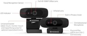 Enhance your office security with the KODAK Access Webcam, featuring HD 1920x1080p CMOS and USB-A/USB-C connectivity. Ideal for Windows Hello/Facial Recognition compatible applications.