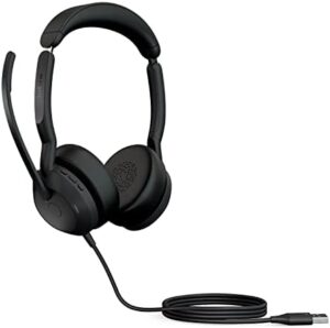 "Upgrade your remote meetings with the Jabra Evolve2 50 Wired Stereo Headset, featuring noise-cancelling mics and active noise cancellation for crystal-clear calls. Works seamlessly with Zoom, Google Meet, and more."