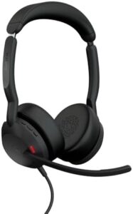 "Experience crystal-clear calls and powerful music with the Jabra Evolve2 50 Wired Stereo Headset, featuring active noise cancelling and a Teams-certified USB-C connection for seamless communication."