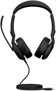 "Experience crystal-clear calls and powerful music with the Jabra Evolve2 50 Wired Stereo Headset, featuring active noise cancelling and a Teams-certified USB-C connection for seamless communication."