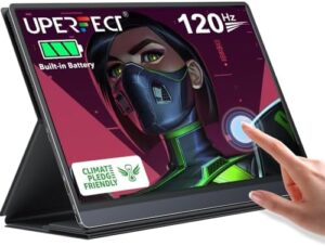 Here is the optimized SEO meta description:

"Upgrade your mobile workspace with the UPERFECT Battery Portable Monitor, featuring 120Hz touchscreen, HDR and FHD display, built-in 10800mAh battery and quad speakers. Perfect for remote work or gaming."