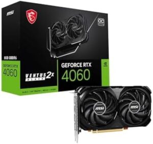 "Upgrade your gaming experience with the MSI GeForce RTX 4060 Ventus 2X Black 8G OC Graphics Card, featuring NVIDIA's latest technology and 17 Gbps memory. Experience AI-powered gaming with DLSS3."