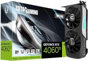 Power up your gaming experience with the Zotac RTX4060TI 8GB Twin Edge, featuring 8GB GDDR6 memory and a powerful NVIDIA GeForce graphics card. Boost your frame rates with this compact, efficient GPU.