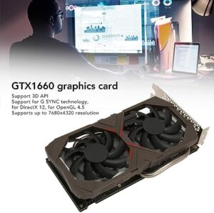 "Upgrade your gaming experience with the GTX 1660 graphics card, featuring 6GB GDDR6 memory and dual freeze fans for enhanced performance. Supports 8K HD displays via HDMI, DP, and DVI connections."