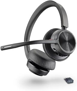 Experience crystal-clear conversations with the Plantronics Poly Voyager 4320 UC Wireless Headset, featuring noise-canceling boom mic and Bluetooth connectivity for PC, Mac, mobile, and popular apps like Teams and Zoom. Boost your productivity!