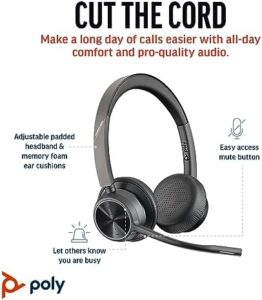 Experience crystal-clear conversations with the Plantronics Poly Voyager 4320 UC Wireless Headset, featuring noise-canceling boom mic and Bluetooth connectivity for PC, Mac, mobile, and popular apps like Teams and Zoom. Boost your productivity!