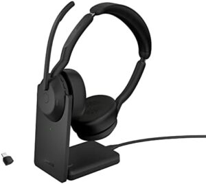 Experience crystal-clear calls and immersive music with the Jabra Evolve2 55 Wireless Stereo Headset + Stand, featuring active noise cancelling, USB-C booster, and a clear voice for seamless communication. Enjoy up to 18 hours of music time.
