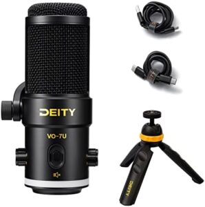 Capture stunning live streams and broadcasts with the Deity VO-7U Tripod Kit, featuring a dynamic USB mic with RGB lighting effects for phones, laptops, PS5, Xbox, and more.
