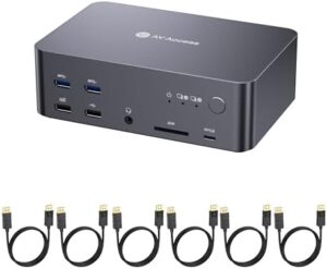 Here is the optimized SEO meta description:

"Upgrade your gaming and home office setup with this AV Access 8K dock, supporting 2 PCs and 3 monitors. Enjoy 6 DP cables, KVM switch, and 1G Ethernet for seamless connectivity."