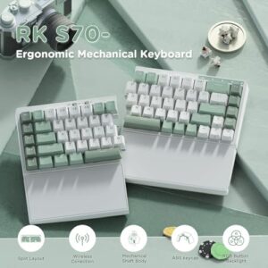 "Experience seamless gaming with the RK Royal Kludge RKS70 ergonomic keyboard, featuring wireless Bluetooth/2.4G and wired connectivity, hot-swappable switches, and a comfortable wrist rest for extended play sessions."
