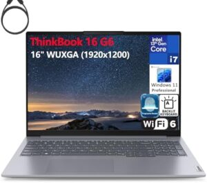 "Unleash productivity with the Lenovo ThinkBook 16 G6 laptop featuring a 13th Gen Intel i7 processor, 64GB RAM, and 1TB SSD. Perfect for work or play, enjoy WiFi 6 connectivity, Bluetooth 5.2, and Windows 11 Pro."