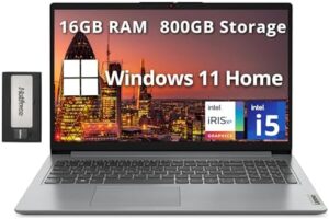 Upgrade your business laptop experience with the Lenovo IdeaPad 1i, featuring a powerful Intel i5 processor, 16GB RAM, and 800GB storage. Perfect for professionals on-the-go, this device also includes Intel Iris Xe Graphics, number pad, HD camera, and WiFi 6.