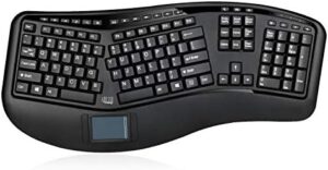 Here is the optimized SEO meta description:

"Wireless ergonomic desktop touchpad keyboard with split keys design and palm rest, featuring media control hotkeys and long battery life. Compatible for laptop and desktop use."