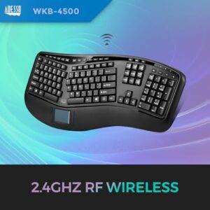 Here is the optimized SEO meta description:

"Wireless ergonomic desktop touchpad keyboard with split keys design and palm rest, featuring media control hotkeys and long battery life. Compatible for laptop and desktop use."
