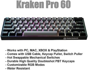 Experience the ultimate gaming keyboard with Kraken Pro 60's Stealth Edition, featuring hot swappable mechanical switches, compact design and versatile compatibility for PC, Xbox, PlayStation & MAC.