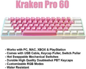 Unlock intense gaming sessions with the Kraken Keyboards Sakura Edition Kraken Pro 60, featuring hot swappable mechanical keys and stunning white & pink design.