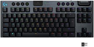 Experience the ultimate gaming setup with Logitech G915 TKL Tenkeyless Lightspeed Wireless RGB Mechanical Gaming Keyboard. Enjoy tactile switches, low profile options, and LIGHTSYNC RGB in a sleek black design.