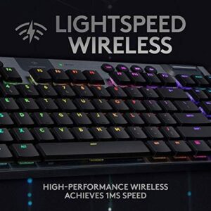 Experience the ultimate gaming setup with Logitech G915 TKL Tenkeyless Lightspeed Wireless RGB Mechanical Gaming Keyboard. Enjoy tactile switches, low profile options, and LIGHTSYNC RGB in a sleek black design.