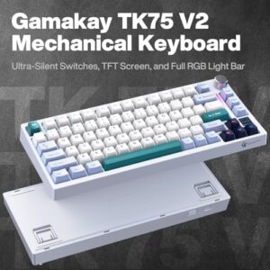 Experience silent gaming with the GamaKay TK75 V2, featuring 75% mechanical keyboard with TFT screen, hot swap RGB and Bluetooth/USB-C connectivity. Perfect for gamers seeking precise control and style.