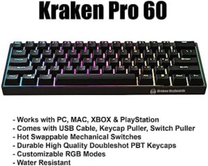 Here is the optimized SEO meta description:

"Experience high-performance gaming with Kraken Keyboards' Blackout Edition Kraken Pro 60, featuring 60% HOT SWAPPABLE mechanical keys and compatible with PC, Xbox, PlayStation & MAC. Perfect for serious gamers seeking an immersive experience."
