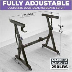 Here is the generated SEO meta description:

"Adjustable, portable music stand for synths and digital keyboards, with wheels and 2nd tier storage. Perfect for pianos up to 88 keys, fits all sizes. Order now and get a great value!"