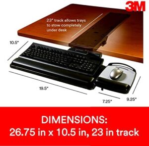 Here is the optimized SEO meta description:

"Elevate your workspace comfort with the 3M Easy Adjust Sit/Stand Keyboard Tray, featuring adjustable platform and antimicrobial gel wrist rests. Perfect for ergonomic working."