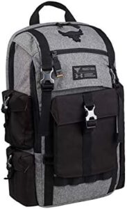 "Stay organized and stylish with the Under Armour Project Rock Bag, featuring a gray UA Regiment laptop backpack with spacious interior and comfortable shoulder straps."