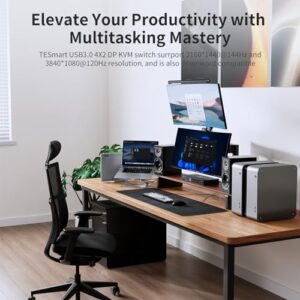 Control your multiple computers with the TESmart 4 Port KVM Switch, supporting dual monitors, 4K@60Hz and audio output. Efficiently switch between devices with hotkeys, perfect for home offices and gaming.