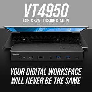 "Transform your workspace with the VisionTek VT4950 KVM docking station. Charge two devices at once, connect three 4K displays, and enjoy Ethernet, USB, and audio connectivity for Windows, Mac, or Chrome OS."