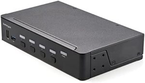 Enhance your workspace with StarTech's 4 Port HDMI KVM Switch, supporting single monitor 4K 60Hz Ultra HD HDR and featuring a 2 port USB 3.0 hub and 4X USB 2.0 HID, perfect for hotkey switching and audio control.
