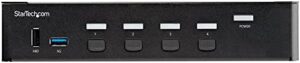 Enhance your workspace with StarTech's 4 Port HDMI KVM Switch, supporting single monitor 4K 60Hz Ultra HD HDR and featuring a 2 port USB 3.0 hub and 4X USB 2.0 HID, perfect for hotkey switching and audio control.
