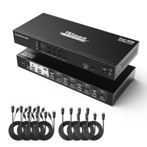 Discover the TESmart KVM Switch, a 4-port dual monitor HDMI solution for seamless switching between 2 monitors and 4 computers. Enjoy UHD 4K@60Hz, Dolby Vision, EDID, and hotkey control with included input cables and remote control.