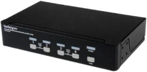 "Boost your workspace productivity with the StarTech.com 4 Port DVI USB KVM Switch, featuring audio and USB 2.0 hub for seamless multitasking, perfect for multiple users and devices."