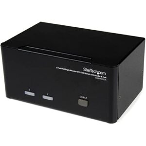 Experience seamless multitasking with StarTech's 2-port triple monitor KVM switch, featuring DVI and USB connectivity, perfect for office or home use. Enjoy efficient switching between three monitors, plus audio and USB hub functionality.