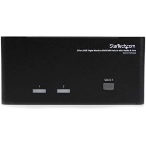 Experience seamless multitasking with StarTech's 2-port triple monitor KVM switch, featuring DVI and USB connectivity, perfect for office or home use. Enjoy efficient switching between three monitors, plus audio and USB hub functionality.
