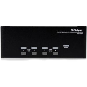 Here is the generated meta description:

"Boost your productivity with StarTech's 4-port KVM switch, featuring triple monitor support and audio hub. Perfect for offices or gaming setups, this USB 2.0 hub offers seamless connectivity."