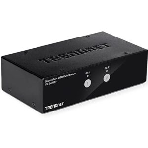 Connect two computers with the TRENDnet 2-Port DisplayPort KVM Switch, supporting 4K UHD at 60Hz and featuring a 2-port USB 2.0 hub for seamless control.