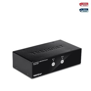 Connect two computers with the TRENDnet 2-Port DisplayPort KVM Switch, supporting 4K UHD at 60Hz and featuring a 2-port USB 2.0 hub for seamless control.