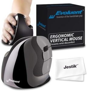 Get precise control and reduced risk of injury with the Evoluent Vertical Mouse D Medium, designed for laptop and PC use. Includes a Jestik microfiber cloth for easy cleaning. Perfect ergonomic solution!
