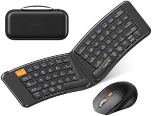 Ergonomic foldable keyboard mouse combo with split design and rechargeable power. Perfect for business and travel, compatible with iPad, tablet, iPhone, and laptop.