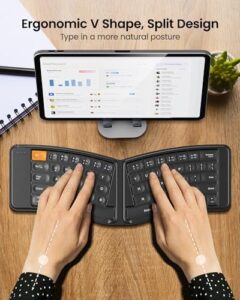 Ergonomic foldable keyboard mouse combo with split design and rechargeable power. Perfect for business and travel, compatible with iPad, tablet, iPhone, and laptop.